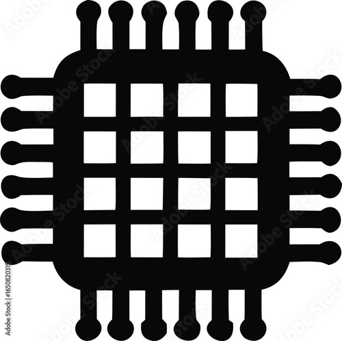 Stylized black silhouette of a microprocessor chip with numerous pins and an internal grid pattern