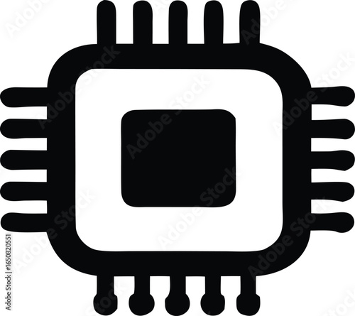 Iconic black and white representation of a modern computer microprocessor chip with multiple pins