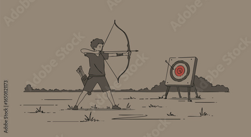 Illustration of a skilled archer aiming a bow and arrow, demonstrating focus and determination to hit the center of the target for a rewarding shot