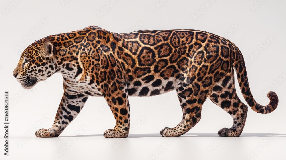 Fototapeta premium A majestic jaguar strides across a stark white backdrop, its powerful build and intricate coat showcased in profile. The lighting highlights the details of its spots and muscular physique