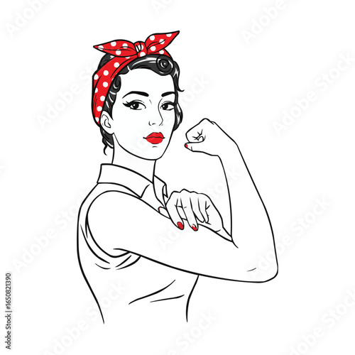 Strong Woman Flexing Arm Rosie The Riveter Vector Line Art