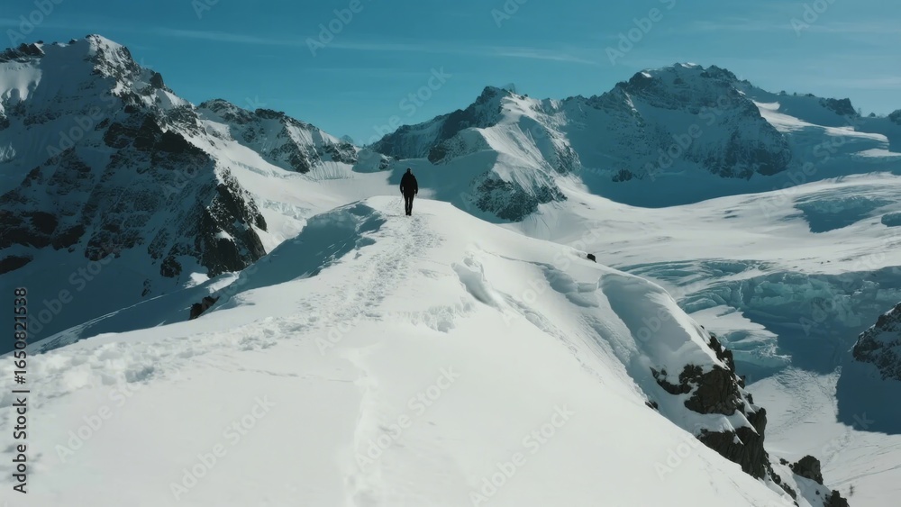 Fototapeta premium Solo Hiker on Snow-Capped Mountain Ridge Under Clear Blue Sky