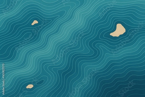 An overhead, artistic illustration of serene ocean water with three small islands, featuring a calming blue color palette with elegant topographic lines creating a peaceful, abstract underwater map 