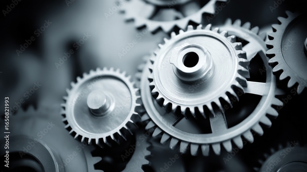 Interlocking metal gears with sharp teeth, silver metallic surfaces contrasting against a dark background, Interlocking metal gears with sharp teeth, silver metallic surfaces contrasting against a dark background,
