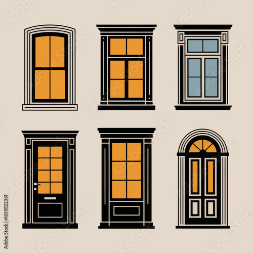 Architectural Ensemble: A minimalist collection of windows and doors, meticulously illustrated with clean lines and inviting geometry, presenting a classic and contemporary aesthetic.