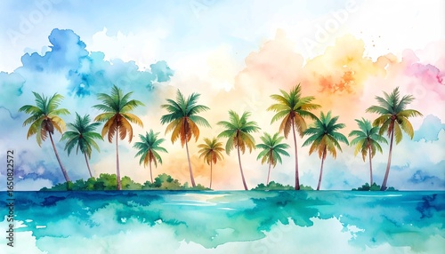 A beautiful, whimsical watercolor painting of a tropical island with lush palm trees, set against a dreamy, colorful sky with splashes of blue, orange, yellow, and pink