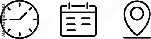 time location calendar icon set.  Address, notification bell. clock sign. location pin signs. Calendar icon symbol. Location place, date reminder. Vector
