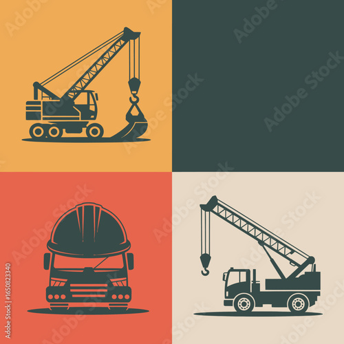 Construction Silhouette: A graphic arrangement of construction vehicles and a hard hat in a collage, demonstrating the work involved in construction and projects.