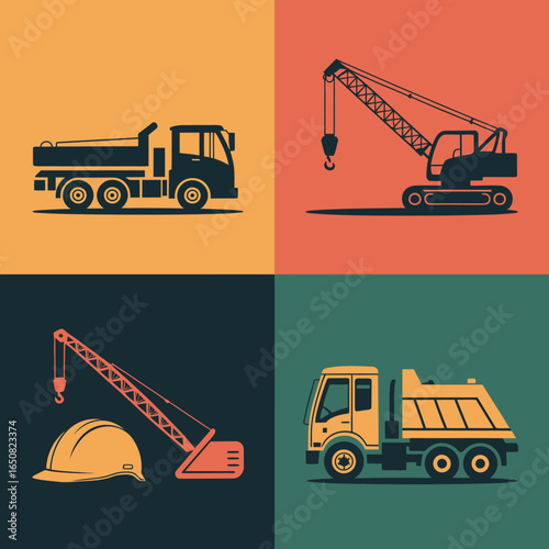Construction Silhouette: A graphic arrangement of construction vehicles and a hard hat in a collage, demonstrating the work involved in construction and projects.
