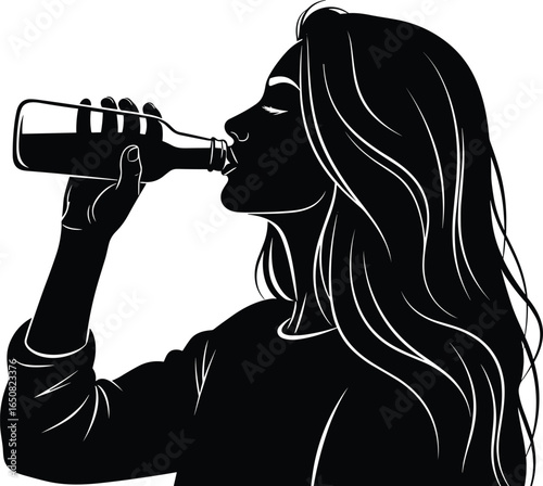 Silhouette of young woman drinking from bottle, long hair flowing, casual clothing, black and white vector illustration, healthy lifestyle concept art