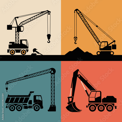 Construction Silhouette: A graphic arrangement of construction vehicles and a hard hat in a collage, demonstrating the work involved in construction and projects.