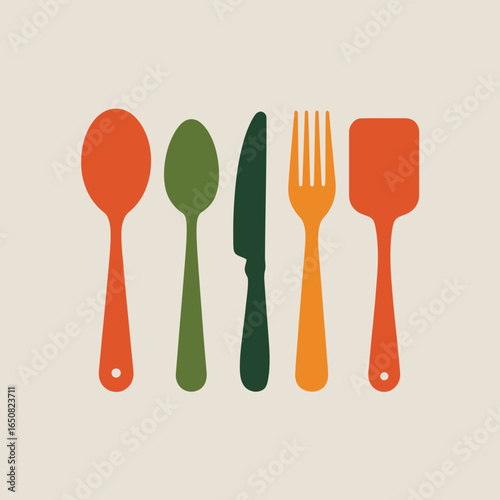 Culinary Essentials: A vivid illustration of essential kitchen utensils, featuring a set of cutlery and various cookware items, symbolizing the art of cooking and culinary practices.