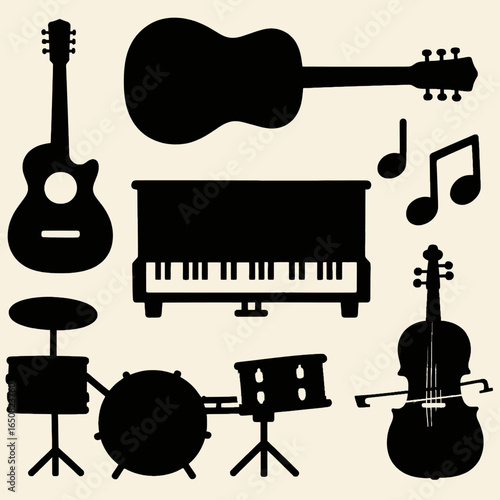 Musical Instruments: A vibrant collection of guitars and a drum kit stand side-by-side in a musical symphony, exuding an inviting energy.