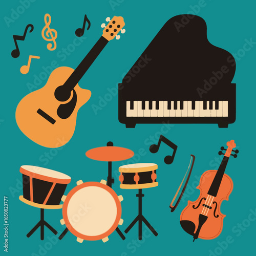 Musical Instruments: A vibrant collection of guitars and a drum kit stand side-by-side in a musical symphony, exuding an inviting energy.