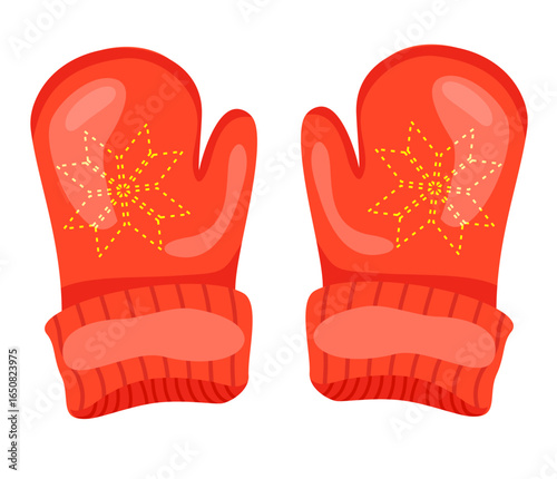 Red mittens. Knitted mittens flat style clip art. Snowflakes on mittens
