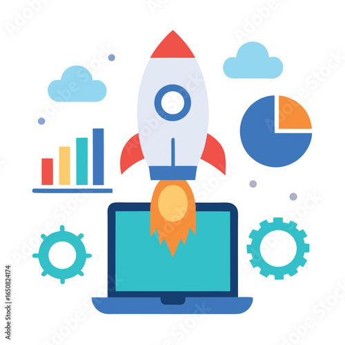 Flat design computer technology business concept infographic vector illustration with long shadow mobile icons and web symbols