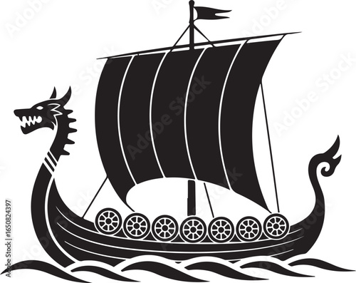 Black Viking Ship Icon with sail and oars, presented in a clean flat vector style