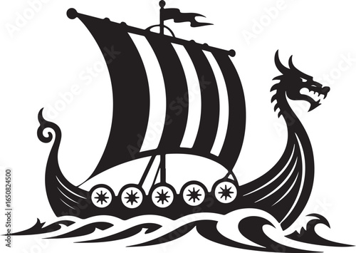 Black Viking Ship Icon with sail and oars, presented in a clean flat vector style