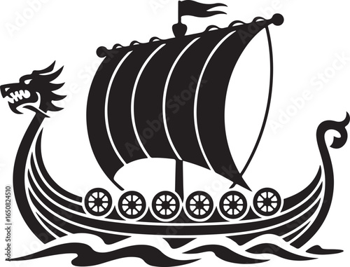 Black Viking Ship Icon with sail and oars, presented in a clean flat vector style