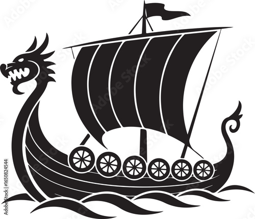 Black Viking Ship Icon with sail and oars, presented in a clean flat vector style