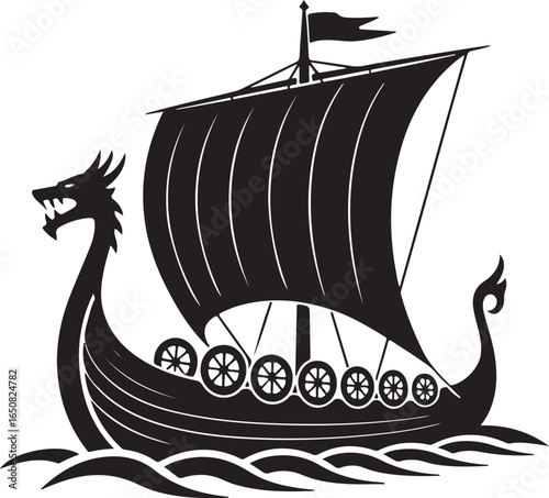 Black Viking Ship Icon with sail and oars, presented in a clean flat vector style