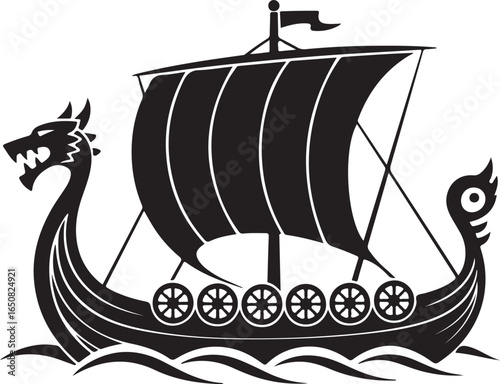 Black Viking Ship Icon with sail and oars, presented in a clean flat vector style