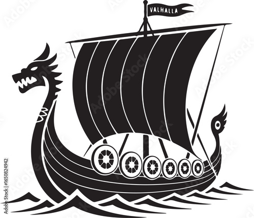 Black Viking Ship Icon with sail and oars, presented in a clean flat vector style