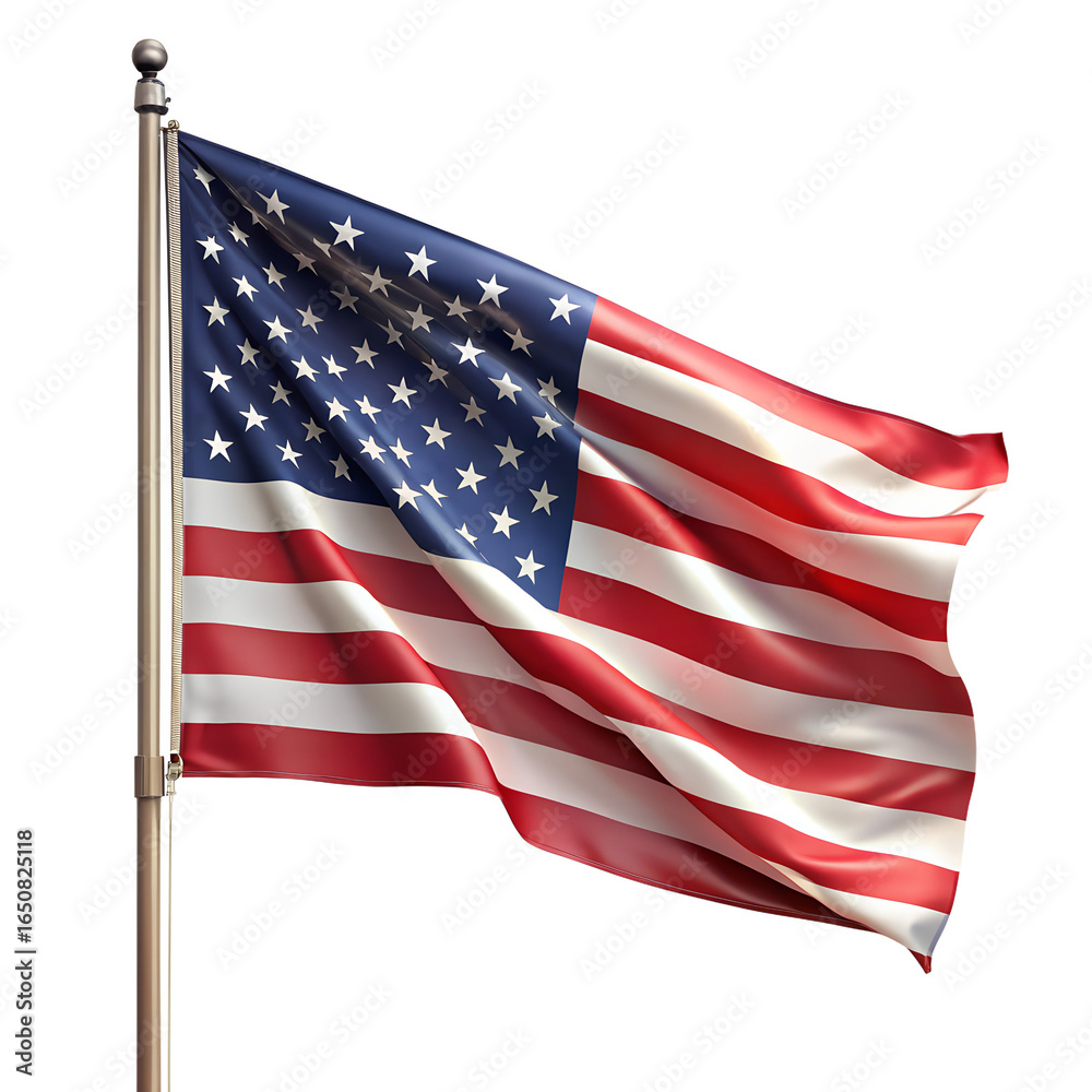 Fototapeta premium The american flag waving proudly on a flagpole, isolated on a transparent background, symbolizing freedom and patriotism