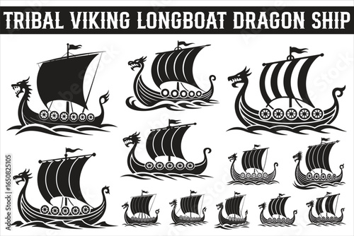 Black Viking Ship Icon with sail and oars, presented in a clean flat vector style