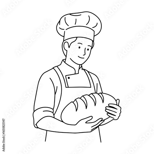Bread Maker Chef: A male chef holding a hot fresh loaf of bread, perfect for bakery, cooking, food industry, and recipe related blogs or advertisements.