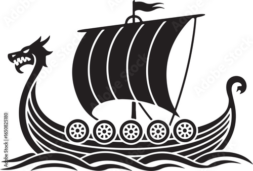 Black Viking Ship Icon with sail and oars, presented in a clean flat vector style