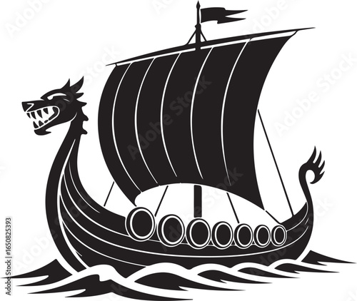 Black Viking Ship Icon with sail and oars, presented in a clean flat vector style