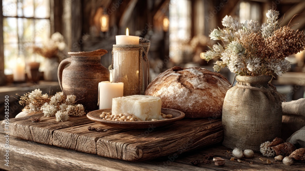 Fototapeta premium Rustic Harmony Still Life: Bread, Candles, and Blooms on Weathered Wood