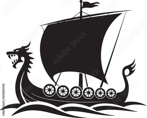 Black Viking Ship Icon with sail and oars, presented in a clean flat vector style