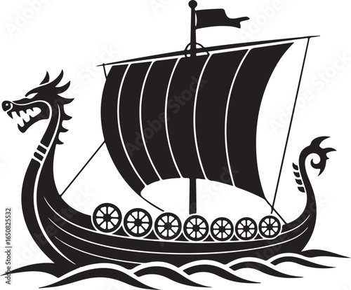 Black Viking Ship Icon with sail and oars, presented in a clean flat vector style