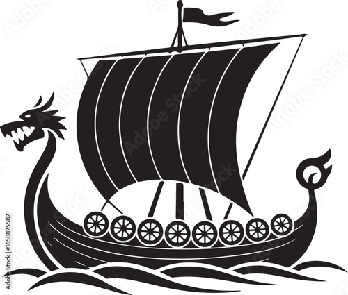 Black Viking Ship Icon with sail and oars, presented in a clean flat vector style