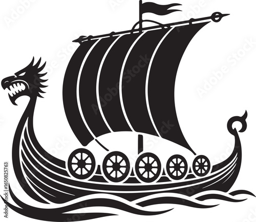 Black Viking Ship Icon with sail and oars, presented in a clean flat vector style