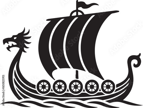 Black Viking Ship Icon with sail and oars, presented in a clean flat vector style