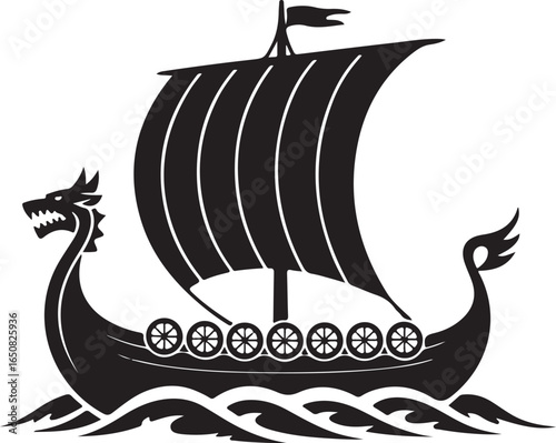 Black Viking Ship Icon with sail and oars, presented in a clean flat vector style