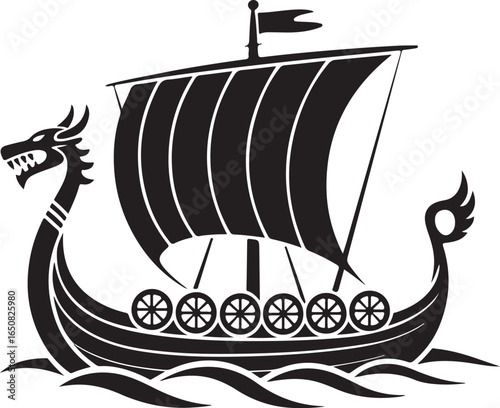 Black Viking Ship Icon with sail and oars, presented in a clean flat vector style