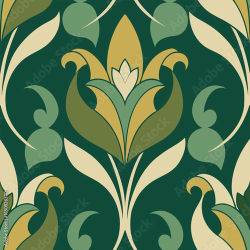 Seamless art nouveau floral pattern in green and gold background
