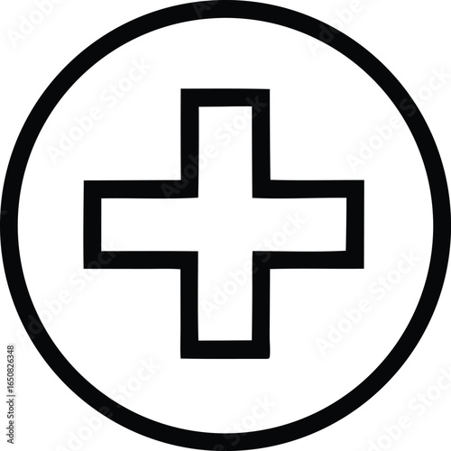 Simple geometric graphic featuring a bold black plus sign centered within a thick black circular outline on a white background