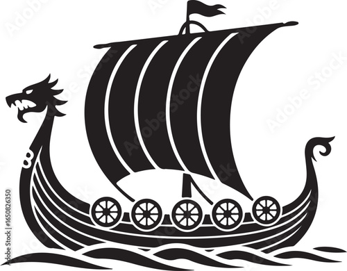 Black Viking Ship Icon with sail and oars, presented in a clean flat vector style
