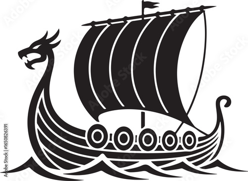 Black Viking Ship Icon with sail and oars, presented in a clean flat vector style