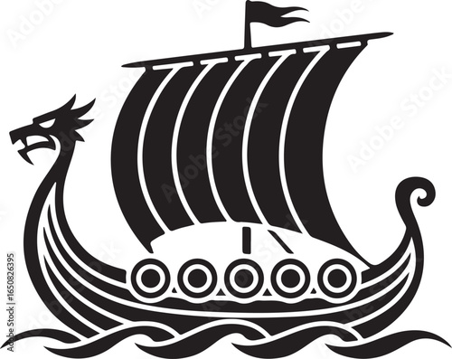 Black Viking Ship Icon with sail and oars, presented in a clean flat vector style