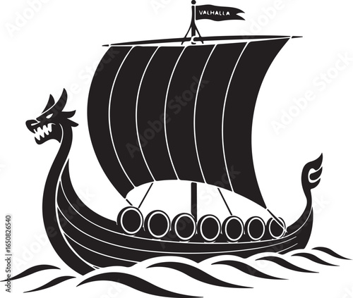 Black Viking Ship Icon with sail and oars, presented in a clean flat vector style