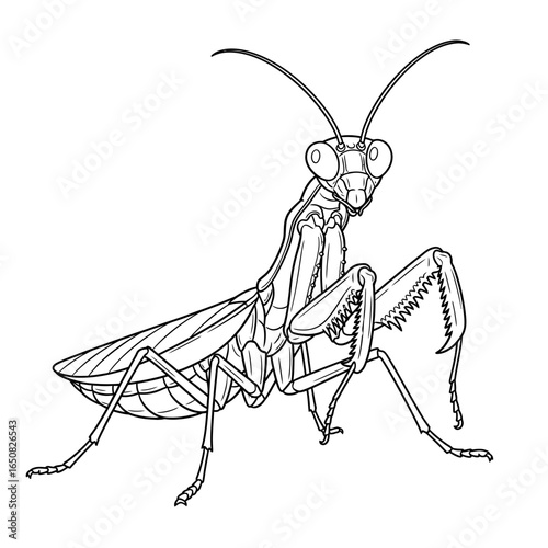 Cute Anime Style Amazon Praying Mantis Coloring Page for Kids Black and White Jungle Bug Art