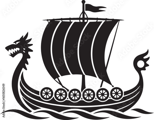 Black Viking Ship Icon with sail and oars, presented in a clean flat vector style