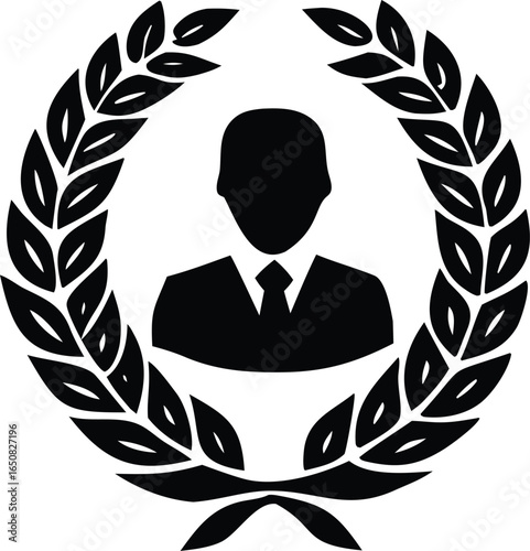 Silhouette of a formally dressed individual within a black laurel wreath symbolizing achievement and recognition