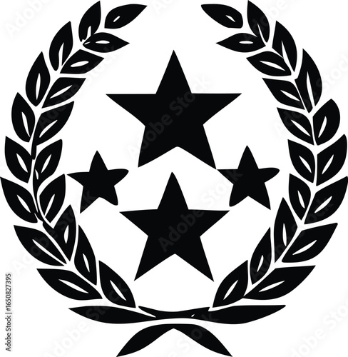 A striking black and white emblem featuring three prominent stars enclosed within a laurel wreath symbolizing achievement and victory